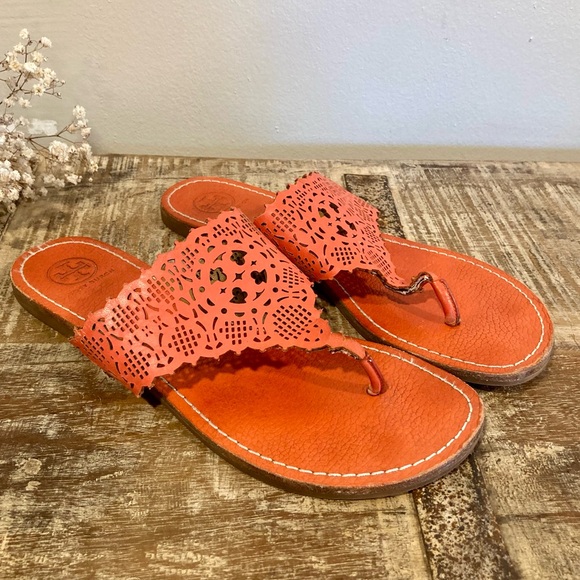 Tory Burch Shoes - Tory Burch Roselle Thong Sandals Red Orange Colored Perforated Leather Size 8